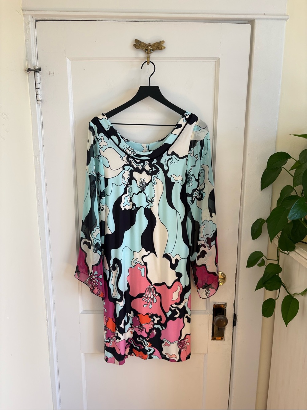 Analili Floral Long Sleeve Retro Shift Dress Aqua, Pink & Black Medium